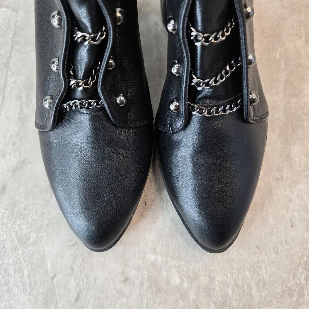 Block Heel Ankle Boots Sz 6.5 Black Leather Chain Pointed Toe Goth Grunge Bootie